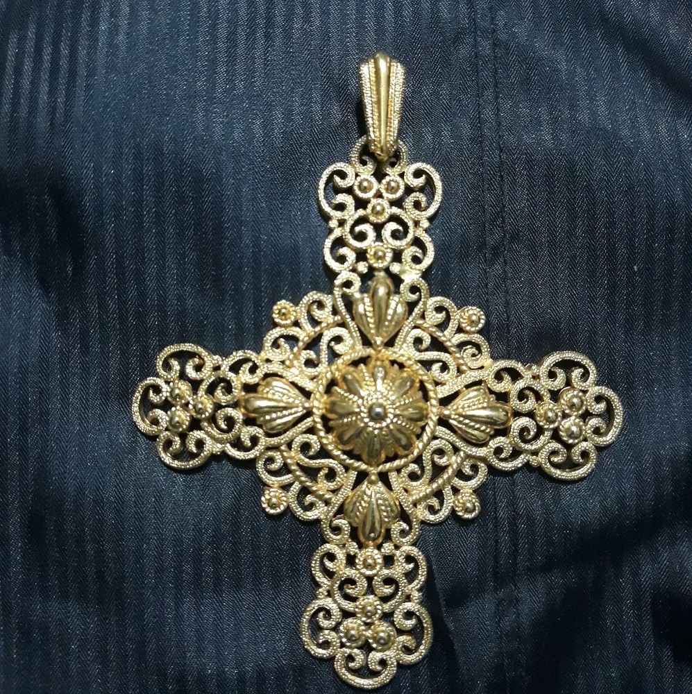 Giant Trifari Signed 1950s Baroque Filigree Medallion Cross 41/4" Runway Couture